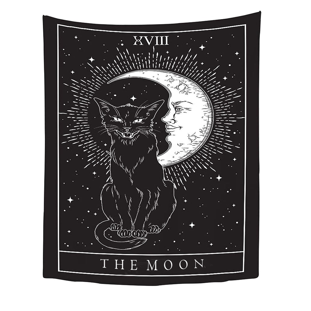 Tapestry Black The Moon Cat 150X150 Cm Tarot Card Psychedelic Scene Art Tapestries