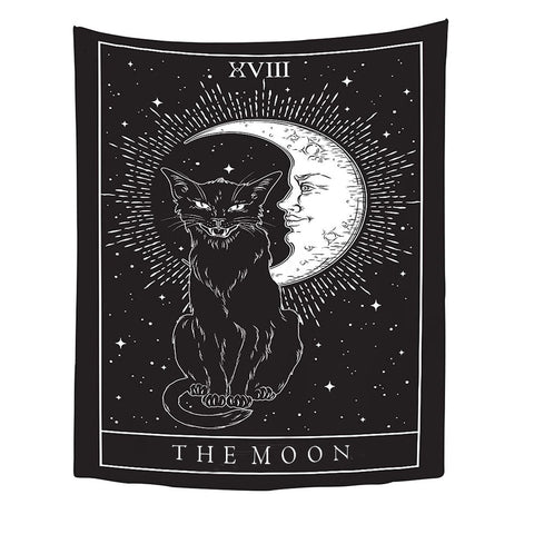 Tapestry Black The Moon Cat 150X150 Cm Tarot Card Psychedelic Scene Art Tapestries