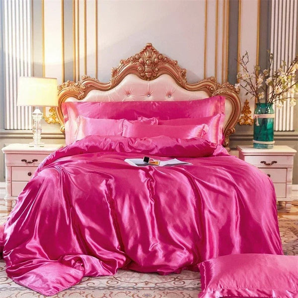 Beddings Hot Pink Full Size 3 Piece Satin Duvet Cover Set Polyester Quilt Covers