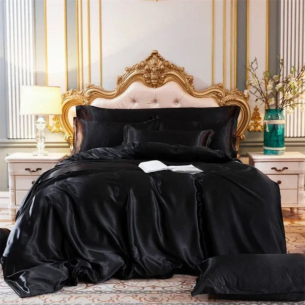 Beddings Black Us Full Size 3 Pieces Satin Smooth Duvet Cover Set Polyester Other Bedding