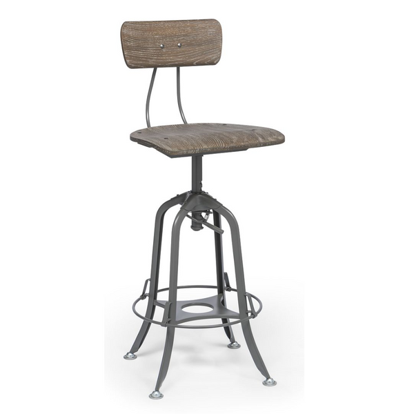 Industrial Swivel Height Adjustable Grey Oak Wood Bar Stool Chair With Back