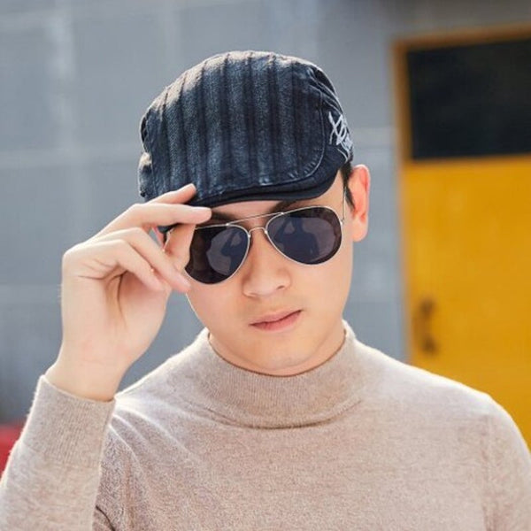 Men's British Style Striped Beret Black Hats