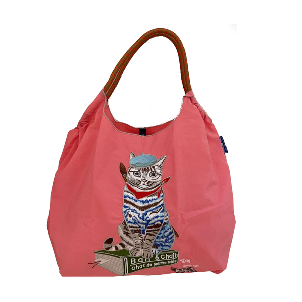 Japanese Painter Cat Embroidery Shopping Bag Nylon Blue Beige Pink Square Women's Bags & Handbags