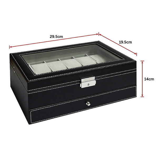 Veile Studios 12 Grids Watch Display Case Leather Jewellery Storage Box Organiser Lock Key Placeholder