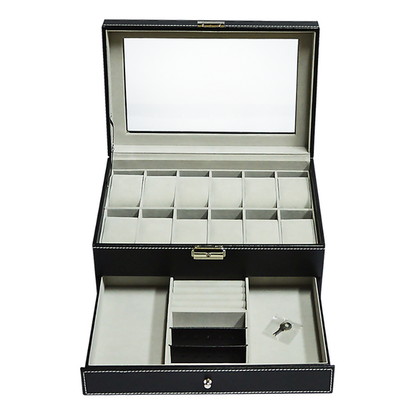 Veile Studios 12 Grids Watch Display Case Leather Jewellery Storage Box Organiser Lock Key Placeholder