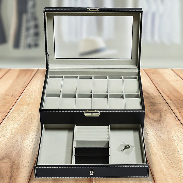 Veile Studios 12 Grids Watch Display Case Leather Jewellery Storage Box Organiser Lock Key Placeholder