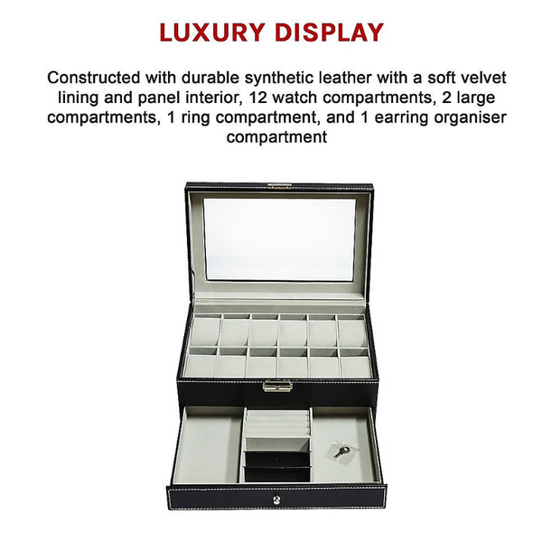 Veile Studios 12 Grids Watch Display Case Leather Jewellery Storage Box Organiser Lock Key Placeholder
