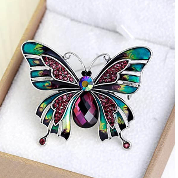 Jewellery Makeup Brush Set Hand Painted Enamel Colourful Butterfly Purple Crystal Brooch Pin Lapel