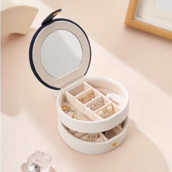 Portable Small Jewelry Case Travel Accessory Storage Box Organizer With Mirror For Women White Blue