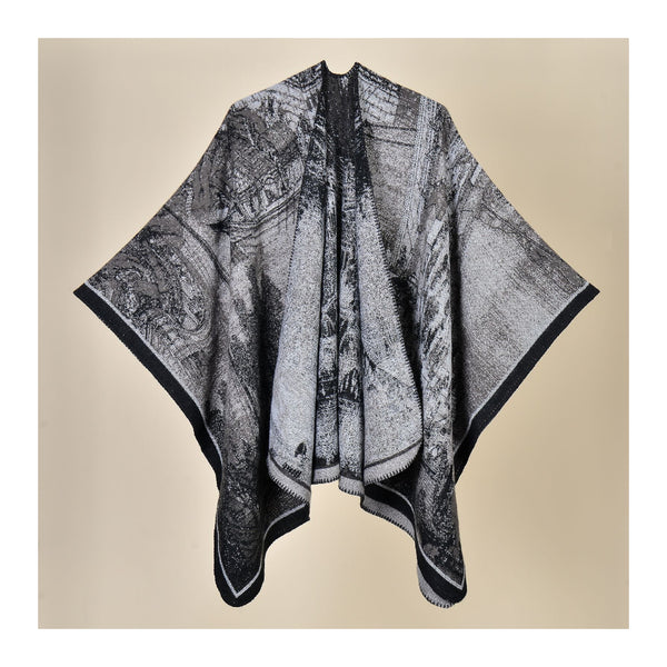 Jiangnan Water Town Elegant Autumn Winter Shawl Artistic Split Design Knit Cloak With Oil Painting Style Scarves & Wraps