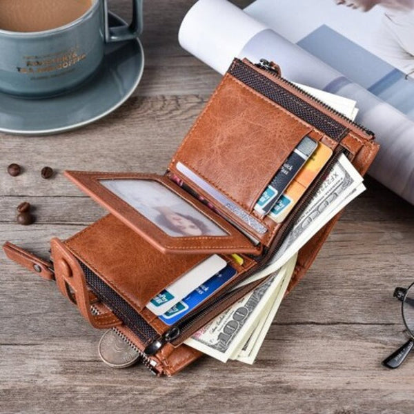 Multi Function Double Zipper Casual Fashion Men Wallet Brown Wallets