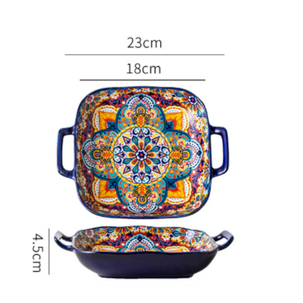 Kalia 9 Inch Bohemian Ceramic Double Handled Square Plate Decorative Plates & Bowls
