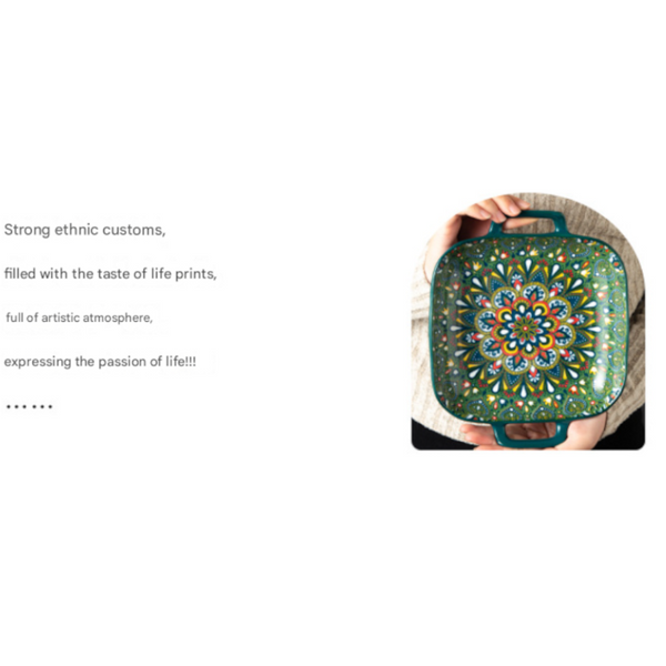 Kalia 9 Inch Bohemian Ceramic Double Handled Square Plate Decorative Plates & Bowls