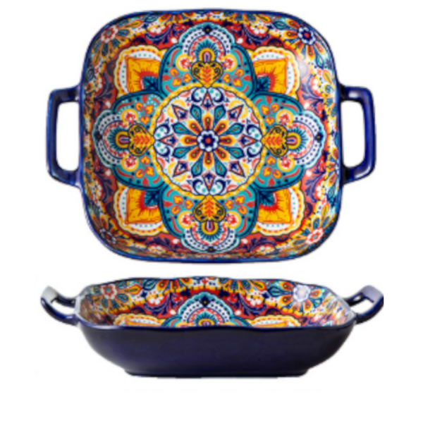 Kalia 9 Inch Bohemian Ceramic Double Handled Square Plate Decorative Plates & Bowls