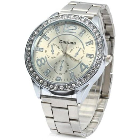 Male Quartz Watch With Diamond Bezel Stainless Steel Band Silver