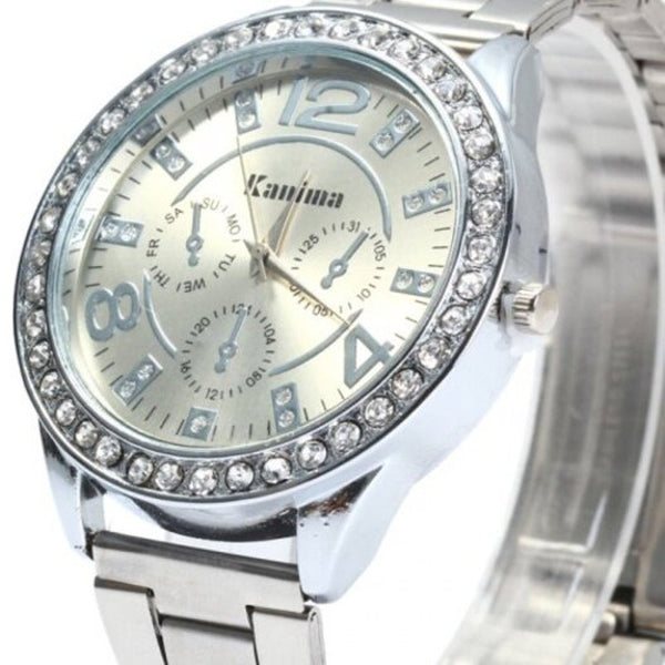 Veile Studios Male Quartz Watch With Diamond Bezel Stainless Steel Band Silver Watches