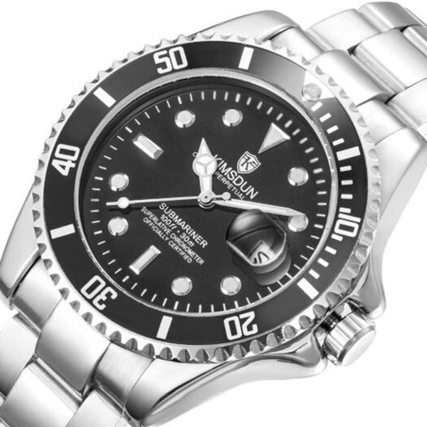Veile Studios 1022A Water Ghost Solid Stainless Steel Belt Men's Waterproof Luminous Automatic Mechanical Watch Jet Black Dial Silver Band Watches