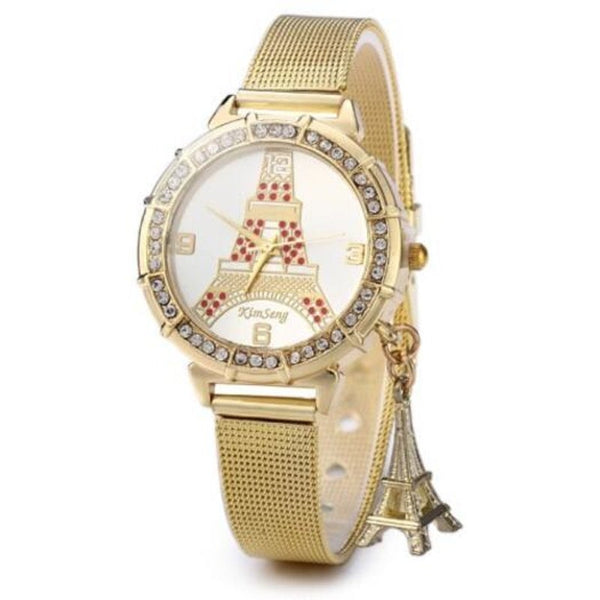 Veile Studios Lady Golden Steel Net Strap Eiffel Tower Diamond Quartz Watch Red Watches