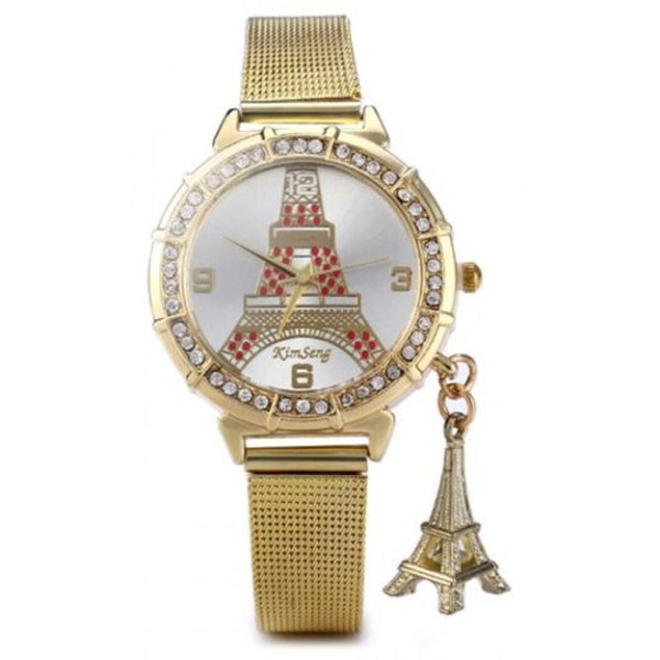 Veile Studios Lady Golden Steel Net Strap Eiffel Tower Diamond Quartz Watch Red Watches