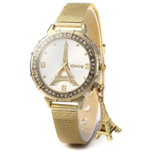 Veile Studios Lady Golden Steel Net Strap Eiffel Tower Diamond Quartz Watch Red Watches