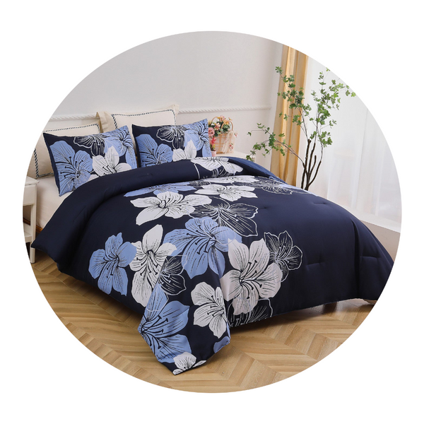 King Comforter Set, Navy Blue Floral 3 Piece Bedding, Soft Microfiber For All Seasons Comforter Sets Queen