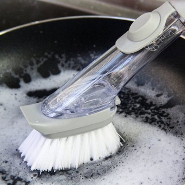 Kitchen Automatic Liquid Filling Long Handle Brush Pot Artifact Dish Scrub Cleaning With Light Grey