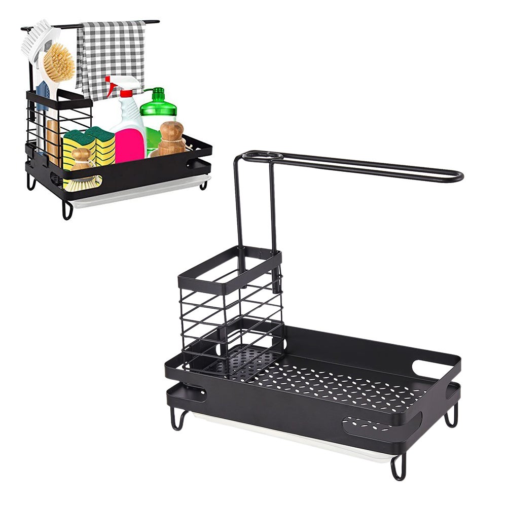Kitchen Sink Storage Rack With Drain Pan Sponge Cleaning Cloth Holder Organizer Sink Organisers