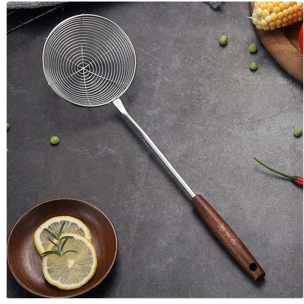 Stainless Steel Strainer Colander With Long Wooden Handle Kitchen Accessories