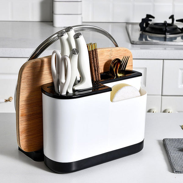 Kitchen Utensil Holder Plastic Knife Block With Drainboard Tableware Cutting Board Storage Rack Shelf Organizer Racks & Holders