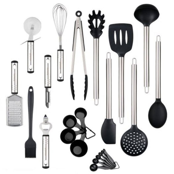 Kitchen Utensil Set Heat Resistant Silicone Heads Cooking Tools 23Pcs Black Cooking Utensils