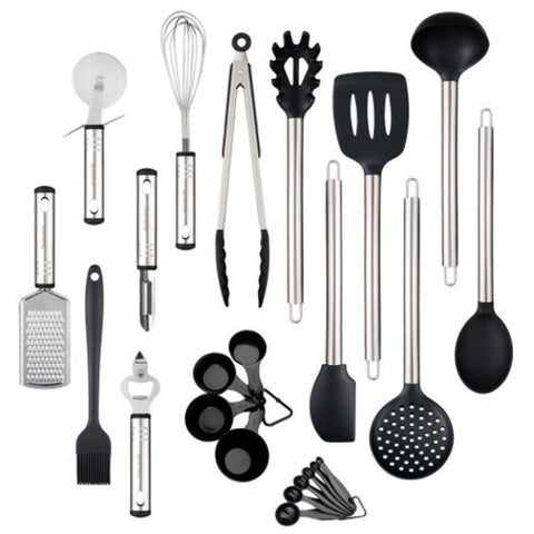 Kitchen Utensil Set Heat Resistant Silicone Heads Cooking Tools 23Pcs Black