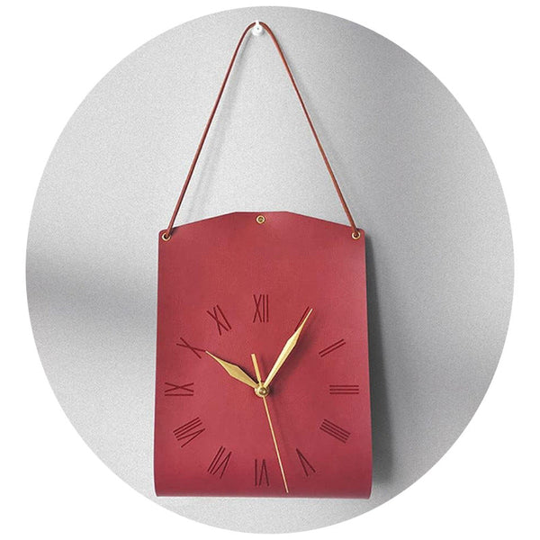 Retro Pu Leather Hanging Wall Clock Silent Sweep Movement Roman Numerals Decorative Handbag Style(Red) Wall Clocks