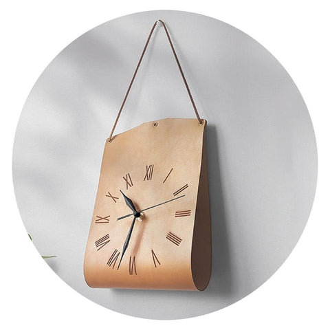 Retro Pu Leather Hanging Wall Clock Silent Sweep Movement Roman Numerals Decorative Handbag Style(Light Brown) Wall Clocks