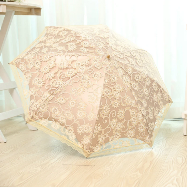 Lace Flower Woman Sun Umbrella Vintage Wedding Party Decor Sunshade Uv Protection Wind Resistant Parasol 3 Fold Crystal Handle Umbrellas