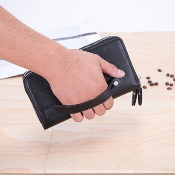 Large Capacity Business Casual Men's Soft Leather Clutch Bag With Double Layer Black Bags