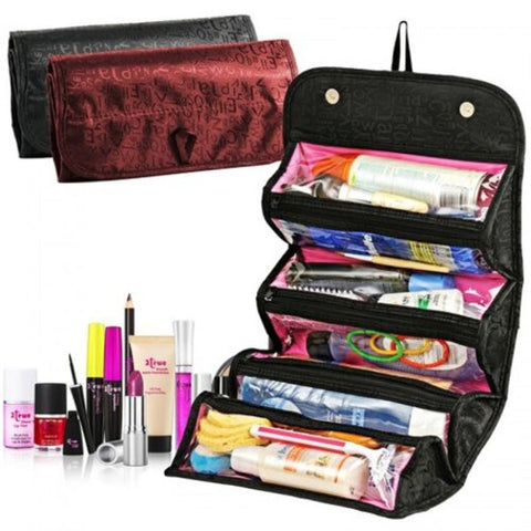 Large Capacity Roll Cosmetic Storage Bag For Travel Chestnut Red Makeup Bags & Cases