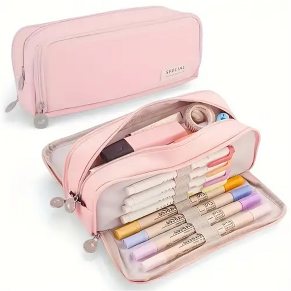 Large Capacity Pencil Case 3 Compartment Pouch Bag For School Teen Girl Boy Men Women (Pink) Pencil Cases