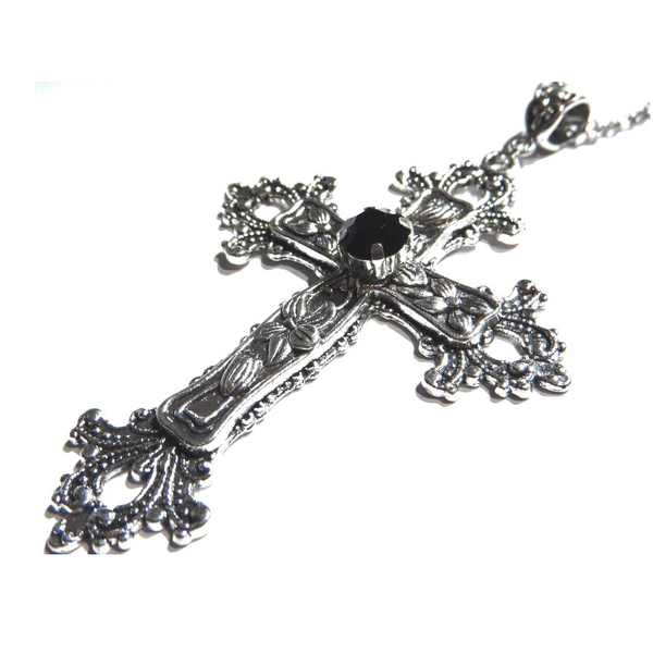Large Gothic Cross Necklace Silver Tone Pendant With Glass Stone On 24" Steel Chain Necklaces & Pendants