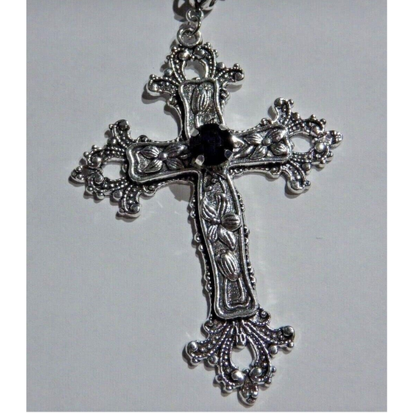 Large Gothic Cross Necklace Silver Tone Pendant With Glass Stone On 24" Steel Chain Necklaces & Pendants