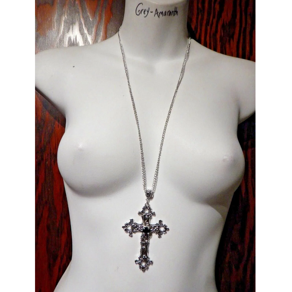 Large Gothic Cross Necklace Silver Tone Pendant With Glass Stone On 24" Steel Chain Necklaces & Pendants