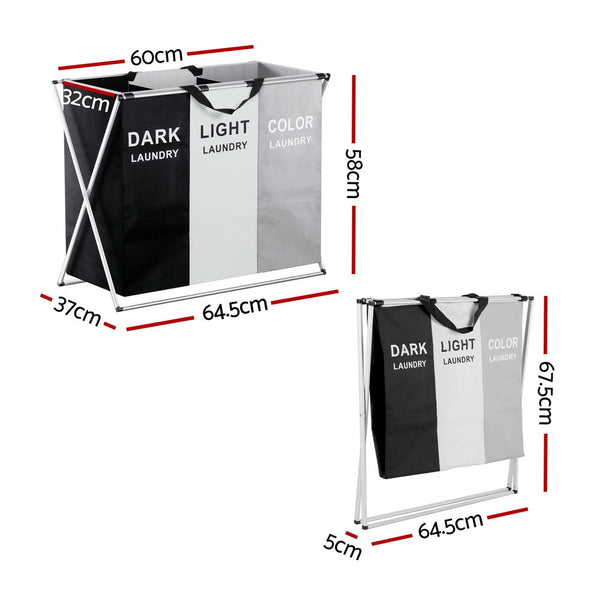 Artiss Laundry Basket Hamper Large Foldable Washing Clothes Storage 3 Sections Laundry Baskets & Hampers