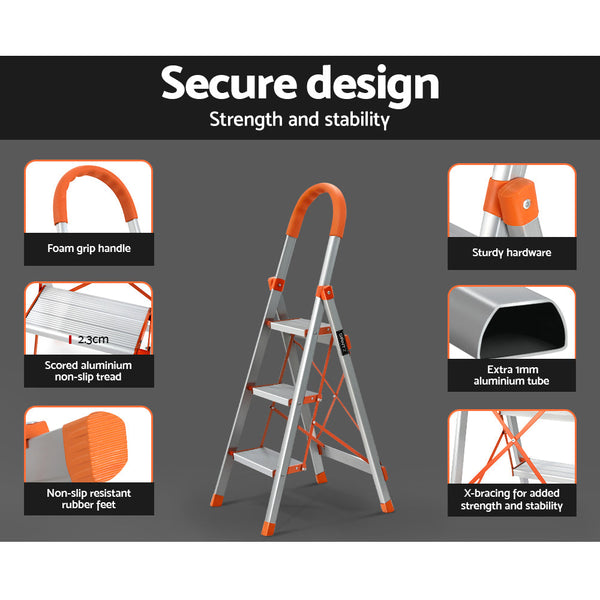 Giantz 3 Step Ladder Multi Purpose Folding Aluminium Light Weight Non Slip Platform Ladders