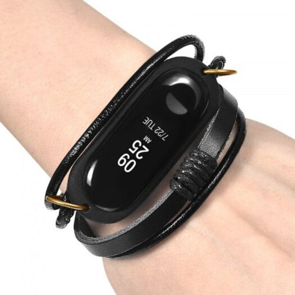 Leather Braided Replacement Wrist Strap For Xiaomi Mi Band 3 Black