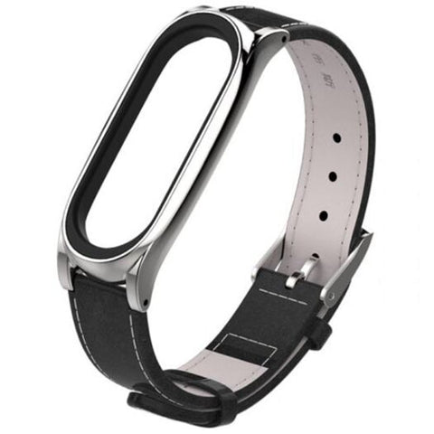 Leather Head Layer Wristband Strap With Stylish Metal Shell For Xiaomi 3 Black