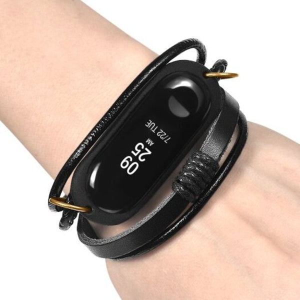Leather Replacement Wrist Strap For Xiaomi Mi Band 3 / 4 Black Watch Bands