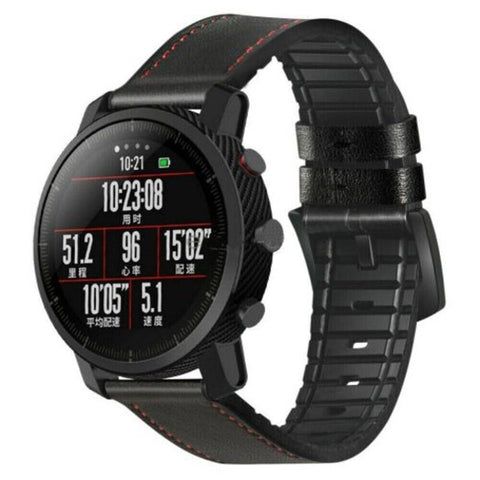 Leather Silicone Watch Band Strap For Amazfit Gtr 47Mm / Pace Stratos 2 2S Black Watch Bands