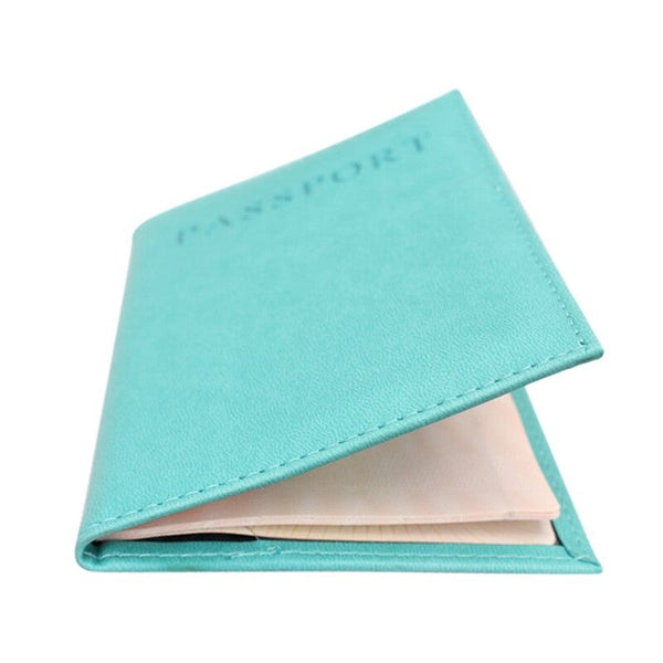 Pu Leather Travel Passport Cover Protective Card Case Protector Unisex Light Blue