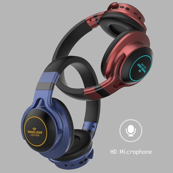 Led Light Wireless Bt Headphones Over Ear Earphone Foldable Stereo Mic Headset Support Tf Card Fm Audio Jack Headsets