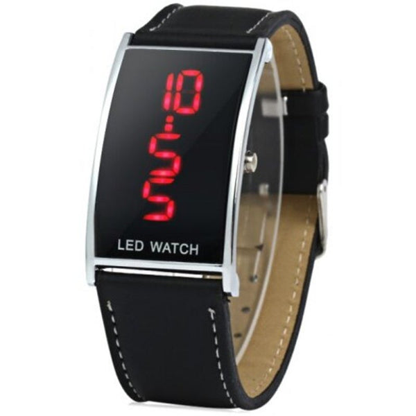 Led Watch With Red Digital Date Display Leather Band Black Smart Watches