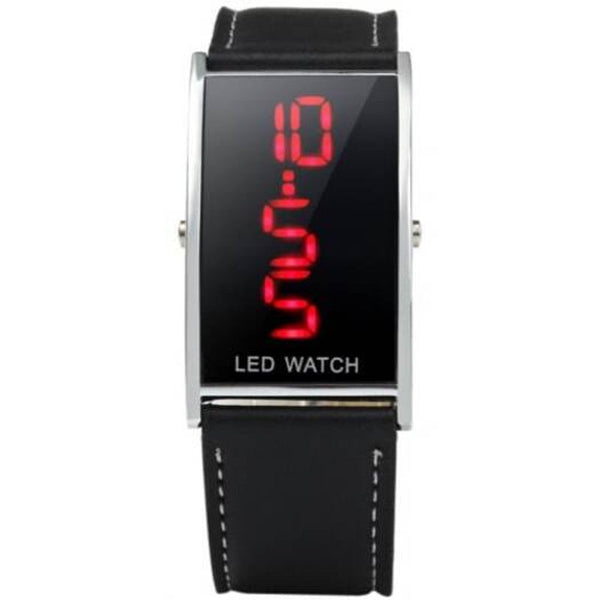 Led Watch With Red Digital Date Display Leather Band Black Smart Watches